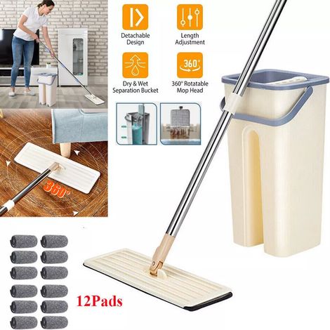 Balai Microfibre et Seau Essoreur - 12 Serpillières Réutilisables - Seau à 2 compartiments Nettoyage - Vadrouille Plat