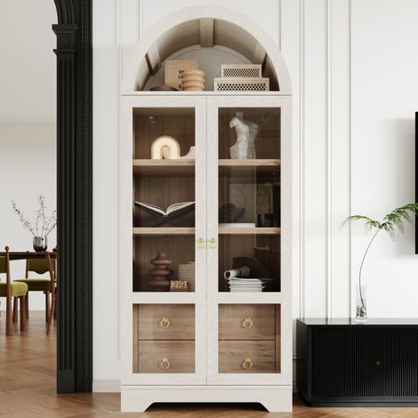 Credenza alta con ripiani regolabili e cassetti, mobile contenitore in MDF e vetro, bianco DESVIAE (1/5)