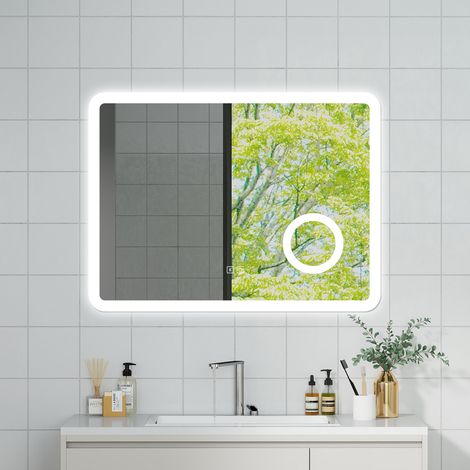 OCEAN Specchio da bagno con LED 80x60cm,Bluetooth,Lente d'ingrandimento,3 colori,Dimmerabile, Antiappannamento,Memoria,IP44, Vetro HD,Doppio interruttore,Orizzontale/Verticale