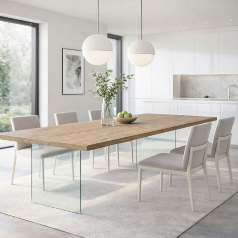 Table extensible bois grisé bords droits pieds verre 180 cm PALERME