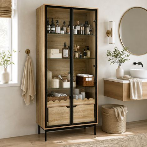 Vitrine haute avec porte en verre, étagères réglables, tiroir, décor ondulé, pieds métal, OKWISH (1/5)