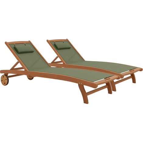 Lot de 2 bains de soleil en bois inclinable avec roues vert sauge