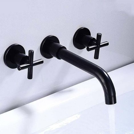 Wall Mounted Bathroom Sink Faucet, Brass, 360° Swivel Spout Basin Faucet, Double Cross Handle Basin Mixer Tap, Hot and Cold Mixer Tap, Black MUMU (1/4)