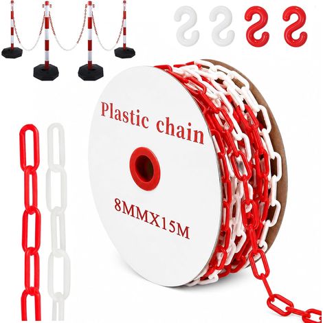 Chaîne de sécurité en plastique rouge et blanc, 15 m, chaîne d'avertissement de 8 mm, chaîne en plastique (1/5)