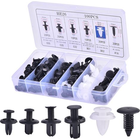 Lot de 100 Clips de Fixation pour Voiture, 6 Types de Rivets à Expansion universels avec boîte de Rangement, kit de Clips de Fixation universels pour Pare-Chocs en Plastique (1/5)