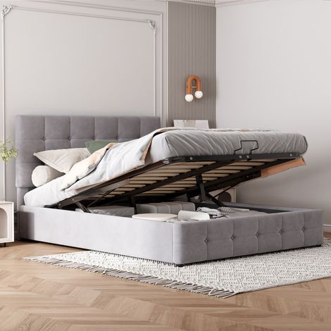 Lit double capitonné moderne 140x200 cm gris avec tête de lit rembourrée et coffre relevable (1/5)