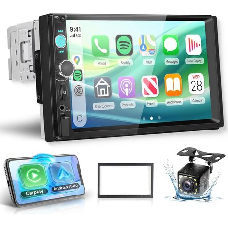 Autoradio 1 Din avec Carplay Android Auto sans Fil, Ecran IPS 7 Pouces Autoradio Compatible Bluetooth Radio FM/USB/TF/AUX/Sortie vidéo/Youtube/Caméra de recul (1/5)