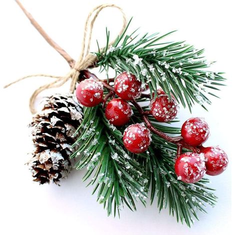 Set mit 10 künstlichen Tannenzapfenzweigen, roter Beerendekoration, künstlichen Weihnachtskranzblumen zum Selbermachen, künstlichen Stechpalmenzweigen, Weihnachtsbaumschmuck (1/5)