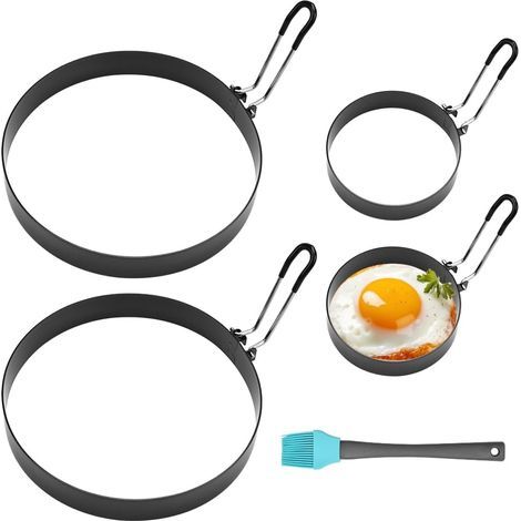 Vakuum-4 PCS Moule À Oeufs Frits, Anneau à Oeuf Anneaux à Oeuf en Acier Inoxydable Moule Oeuf au Plat avec Poignées Pliante Anneaux D'oeuf Antiadhésifs avec Pinceaux en Silicone (1/5)