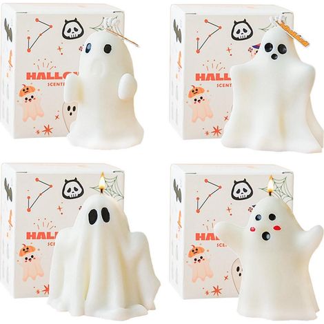 Halloween Duftkerzen 4er Set, Sojawachs Geisterkerzen, Geschenkbox, Deko für Herbst
