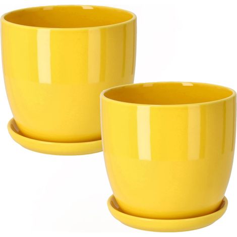 KOTARBAU Lot de 2 pots de fleurs en céramique pour fleurs et plantes - Diamètre : 13 cm - Avec bac d'égouttement - Jaune (1/5)