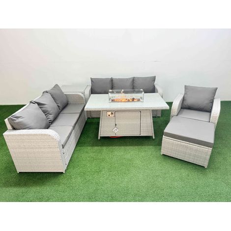 Fimous 8 Seater Poly Rattan Outdoor Garden Furniture Firepit Dining Table Sofa Set Patio 3 Seater Sofa Reclining Chair 3 Seater Sofa Big Footstool Side Table Light Grey (1/4)