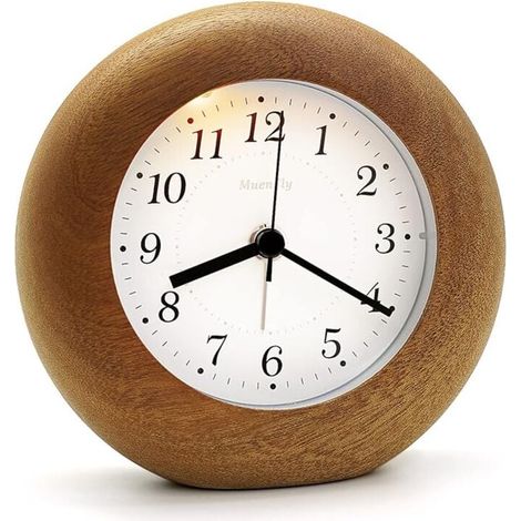 Non-ticking analog alarm clock, wooden alarm clock with snooze, radiation-free battery operated alarm clock, desk clock with night light for children's bedroom, bedside and MUMU (1/4)
