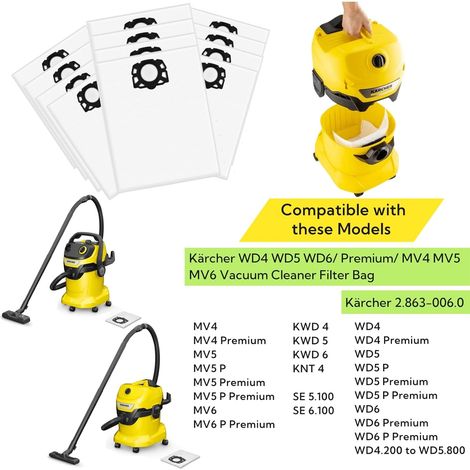 Confezione da 12 sacchetti per aspirapolvere Karcher KFI 487 per Kärcher WD4 WD5 WD6 WD5P WD6P Premium MV4 MV5 MV6, 2.863-006.0 Sacchetti filtro in tessuto non tessuto (1/4)