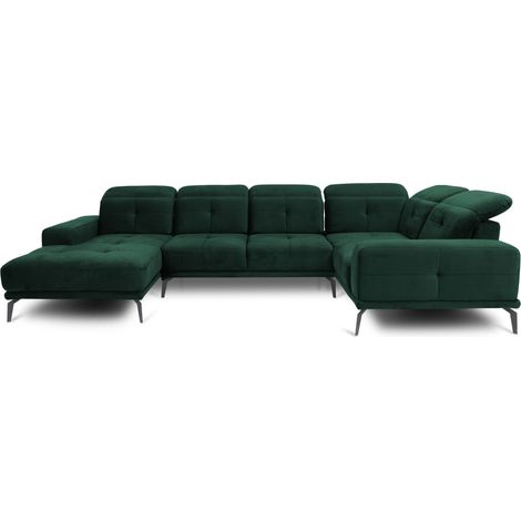 Canapé panoramique design SKAW velours - Têtières réglables A droite-Vert épinard-Méridienne A droite (1/5)