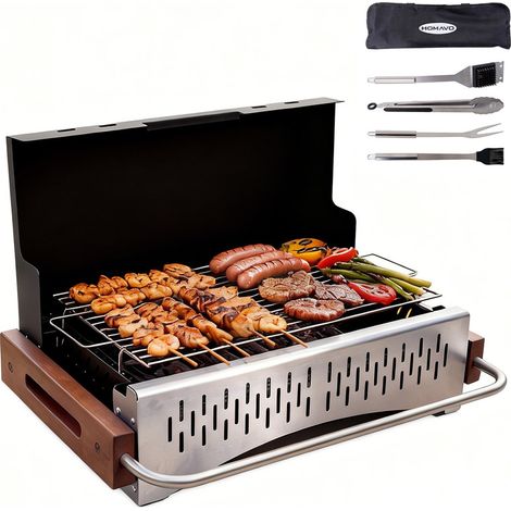 HOMAVO Barbecue Charbon de Bois Portable, Avec Ustensiles Barbecue, Conception Pliable, Surface de Cuisson: 38,15 x 20,95 cm, Adapté pour Camping, Jardin, Balcon