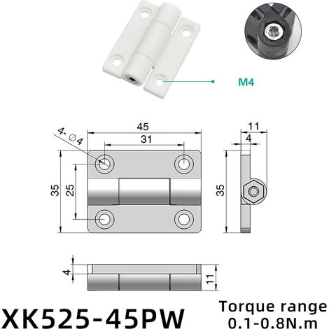(XK525-45PW) 2 charnières à clapet pour porte pliante, amortisseur de torsion, en plastique et alliage de zinc, butée de positionnement réglable, tampon de couple (1/5)