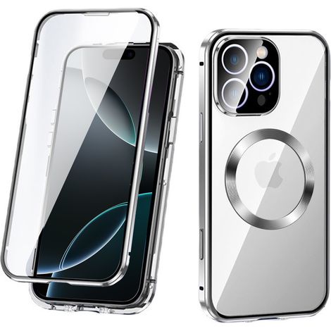 Funda magnética de doble cristal MagSafe para iPhone 16 Pro, color plata. (1/5)