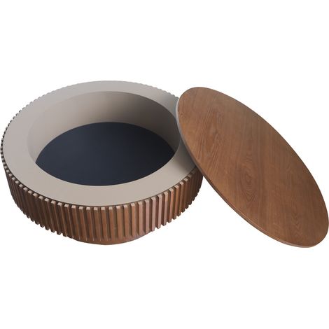 Table basse ronde 75 cm avec rangement en placage bois massif, style moderne en noyer (1/5)
