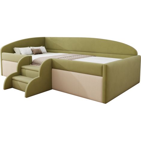 Lit enfant rembourré en velours vert foncé/ivoire 90x190 cm avec barrières et marches, sommier à lattes inclus (1/5)
