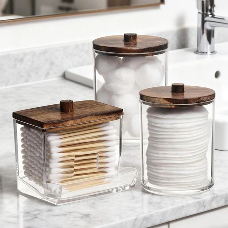 Lot de 3 pots de rangement en acrylique - Récipients avec couvercles marron foncé - Organisation cosmétiques et cotons - Pour salle de bain (1/5)