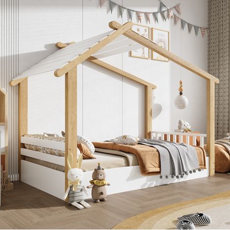 Letto a casetta per bambini 213.5x95x155.5 cm, reti a doghe stabili, design semplice, legno e MDF bianco e naturale (1/5)