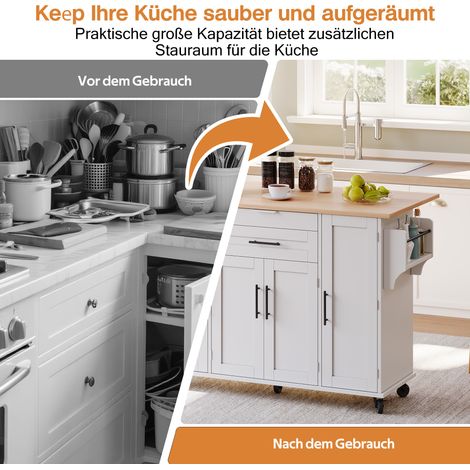 Îlot cuisine mobile 120×45cm plan escamotable jusqu’à 70cm,tiroir à couverts,étagères et accessoires intégrés pour intérieur.