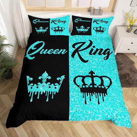 Housse de couette noire et bleu sarcelle pour très grand lit et grand lit pour adultes, couple, homme, femme, cadeau de mariage, pour lui et elle, 2 taies d'oreiller (sans paillettes) (1/5)