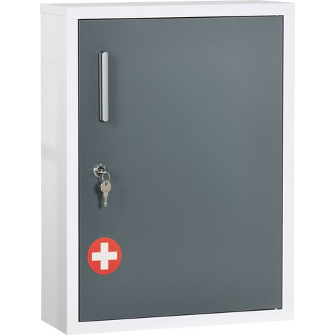 Armadietto Medicinali con 3 Ripiani e Blocco con Chiavi in Acciaio, 40x15x53.5cm, Bianco e Grigio