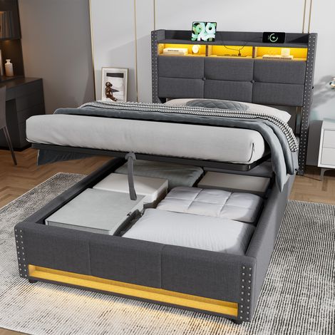 Estructura de cama 90 x 200 cm con iluminación LED y puertos de carga, espacio de almacenamiento para un almacenamiento práctico (colchón no incluido) (1/5)
