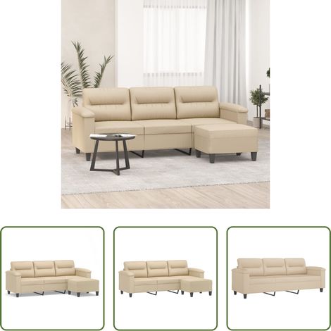 vidaXL Sofá de 3 plazas y taburete tela microfibra crema 180 cm (1/5)