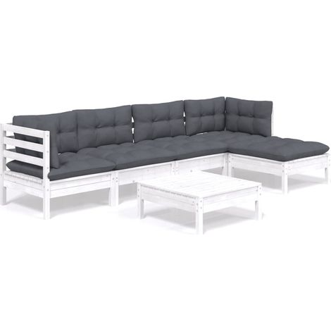 Salon de jardin 6 pcs Contemporain, Ensemble repas de jardin, avec coussins Blanc Bois de pin OIB3329E (1/5)