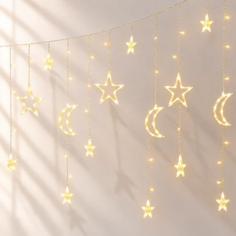 Guirlande LED Rideau Étoiles Lune - Décoration Fête Intérieure/Extérieure - Plaque, Lumière Blanc Chaud (1/5)