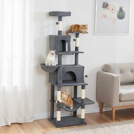 Albero tiragraffi per gatti con piattaforma, torre per arrampicata per gatti con cuccia, grotte, pali in sisal, 60x48x202 cm, grigio
