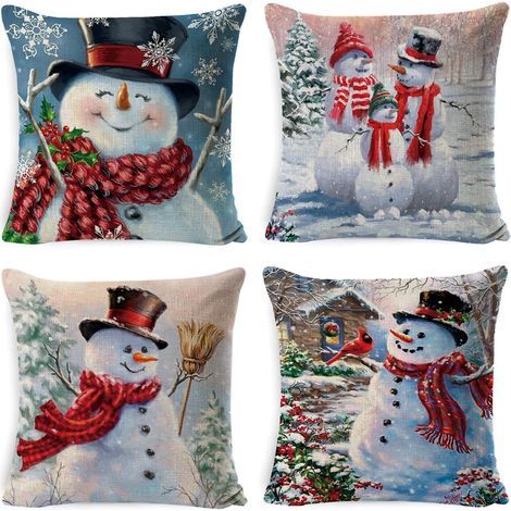 4pcs Taie d'oreiller de Noël Lin de Coton Housses de Coussin Dessin Animé Mignon Décoration de Noël d'oreiller 45x45cm pour Les Voitures Les Canapés (1/5)