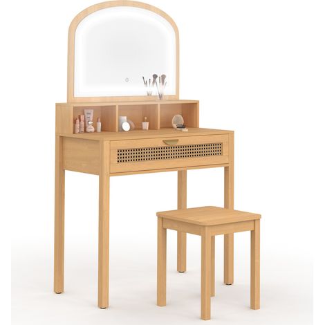 Frisiertisch EDHEN mit LED-Spiegel, 1 Schublade, 3 Nischen und Hocker aus Rohrgeflecht und Holz (1/5)