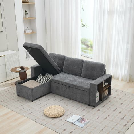 Modernluxe - Canapé d'angle en L 3 places - Rangement latéral - Coussins confortables - Tissu chenille - Gris