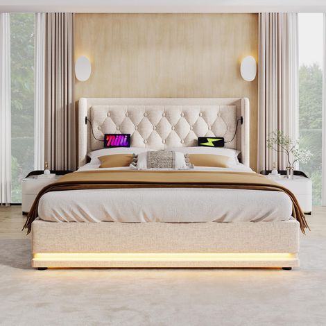 Lit coffre 160x200cm en tissu beige avec LED 3 côtés, tête de lit rembourrée et ports USB Type-C (1/5)