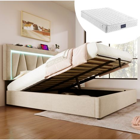 Lit coffre tapissé 140/200 cm beige en lin avec LED, USB, Type-C et matelas à ressorts (1/5)