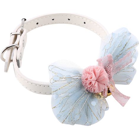 Collier ajustable pour chat ou chien, avec nœud papillon en dentelle et clochettes, bleu, taille M (1/5)