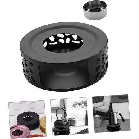 Chauffe-théière en acier inoxydable noir 15 x 5 cm, porte-bougie avec petit verre, réchaud à thé et café élégant (1/5)