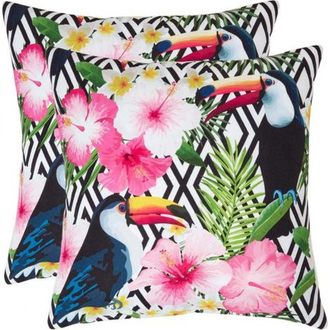Coussins d'extérieur – lot de 2 coussins de jardin décoratifs – déperlants et résistants aux intempéries – 45 x 45 cm – multicolores/noirs, motif « Toucan » – pour jardin et terrasse (1/5)