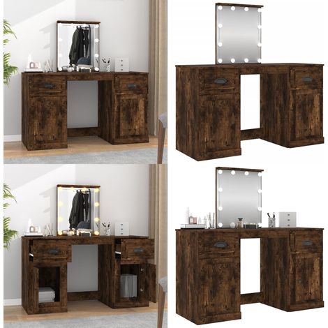Coiffeuse avec LED chêne fumé 130x50x132,5 cm - Coiffeuse LED - Coiffeuse bois (1/5)