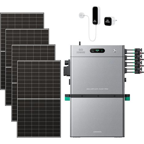 Zendure SolarFlow 2400 Pro – 2400W AC bidirektional, 4800W PV-Eingang, bis 16,8 kWh erweiterbar, Plug & Play, IP65, mit Smart Meter D0 (2.4 kWh), AB3000L (2,88 kWh), 500W×4 bifazialen Panels