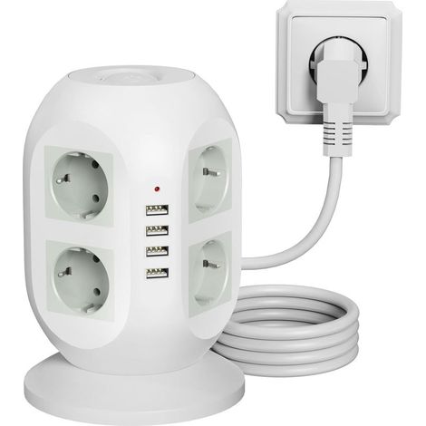 Rallonge multiprise 8 prises USB avec 8 ports USB et protection contre les surtensions, 2 mètres, avec double interrupteur pour la maison/le bureau (blanche) (1/5)