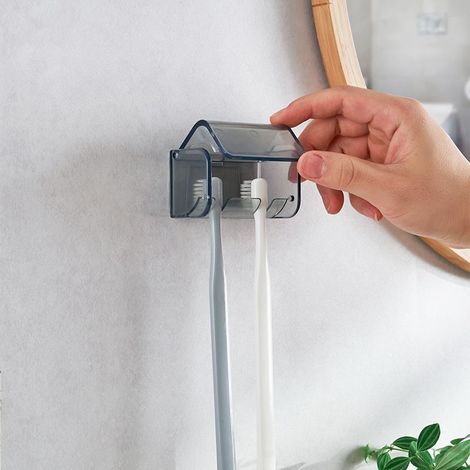 2Pcs Organiseur de Rangement Mural pour Brosse à Dents avec Couvercle, 2 emplacements pour Brosse à Dents, support Mural Autocollant pour Douche, Camping-Car, Salle de Bain (Gris) (1/3)