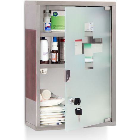 Relaxdays – Armoire à pharmacie EMERGENCY XL – Acier inoxydable et verre satiné – Dimensions 45 x 30 x 12 cm – 3 étagères – Porte verrouillable (1/5)