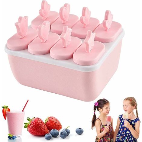 Moule À Glace - Silicone Alimentaire Sans BPA - Pour Sucettes Glacées Maison - 8 Emplacements - Dimensions 12 x 11,5 x 6,5 cm - Rose (1/5)