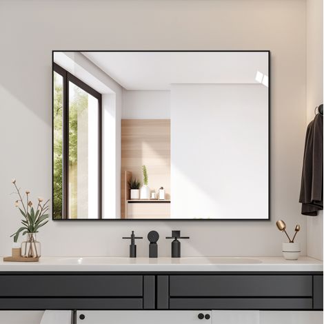 Specchio da parete 70x90 cm con cornice in alluminio nero, vetro senza rame da 5 mm, montaggio orizzontale o verticale (1/5)