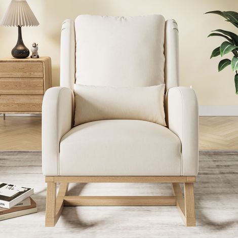 Fauteuil à bascule, Fauteuil de Relaxation avec Cadre en Bois, Rembourrage Épais avec Oreiller, Poches Latérales, pour Salon, Chambre, Beige